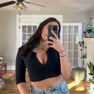 FOREVER MINI CROPPED BUTTON UP QUARTER SLEEVE BLACK CARDIGAN SWEATER